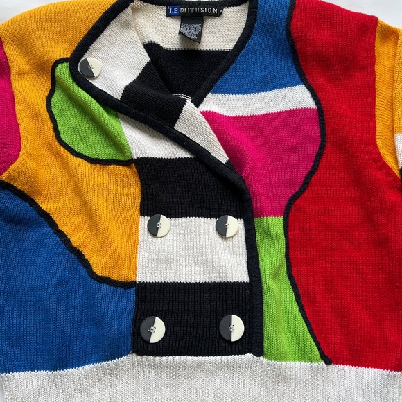 I.B. DIFFUSION Vintage Sweater Sz S Oversized Colourful Geometric Bright 90s - Picture 3 of 6